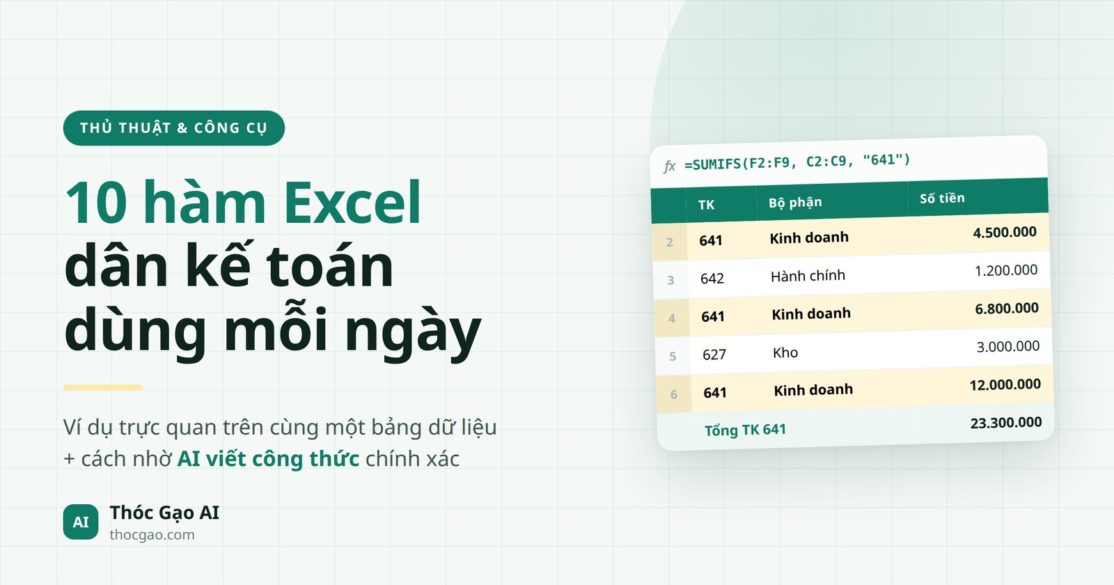 10 hàm Excel dân kế toán dùng mỗi ngày: ví dụ trực quan và cách nhờ AI viết công thức